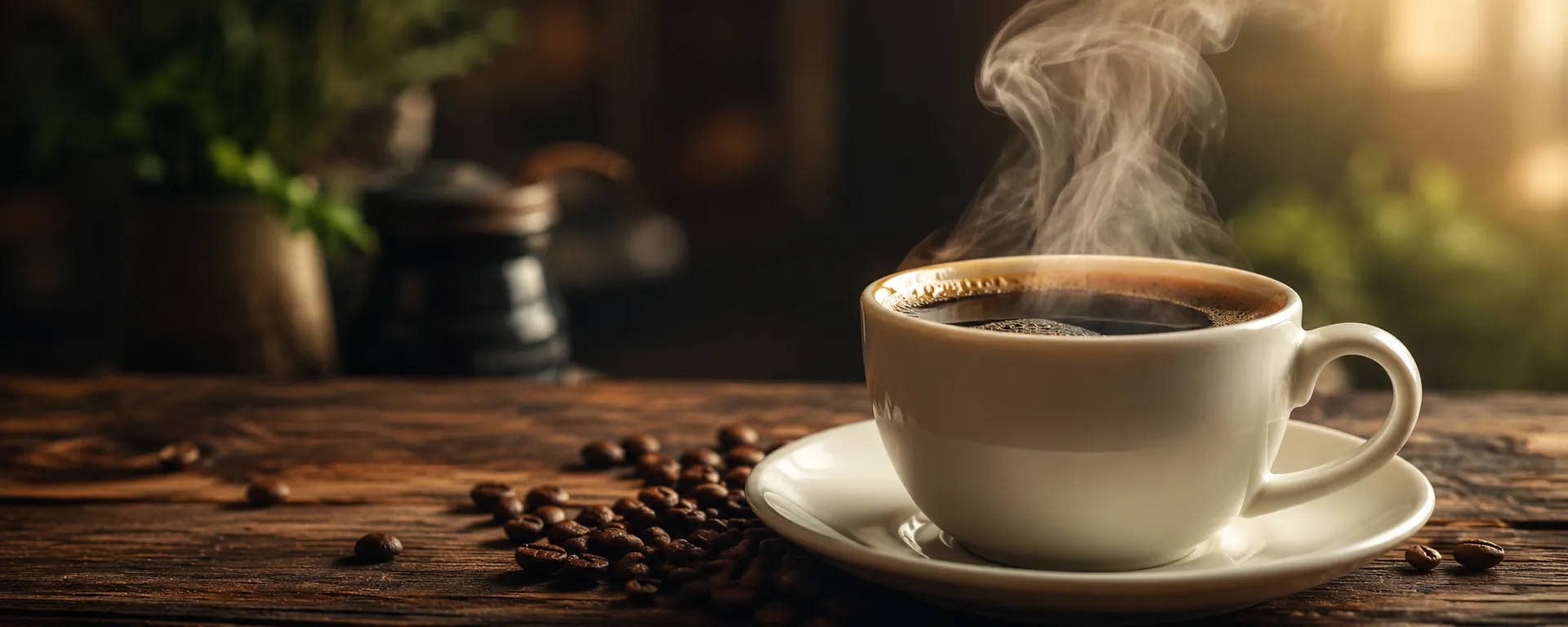 A fresh cup of coffee surrounded by coffee beans
